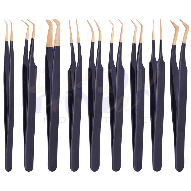 Eyelash Tweezers Set of 9 Pcs Gold Plated Tips