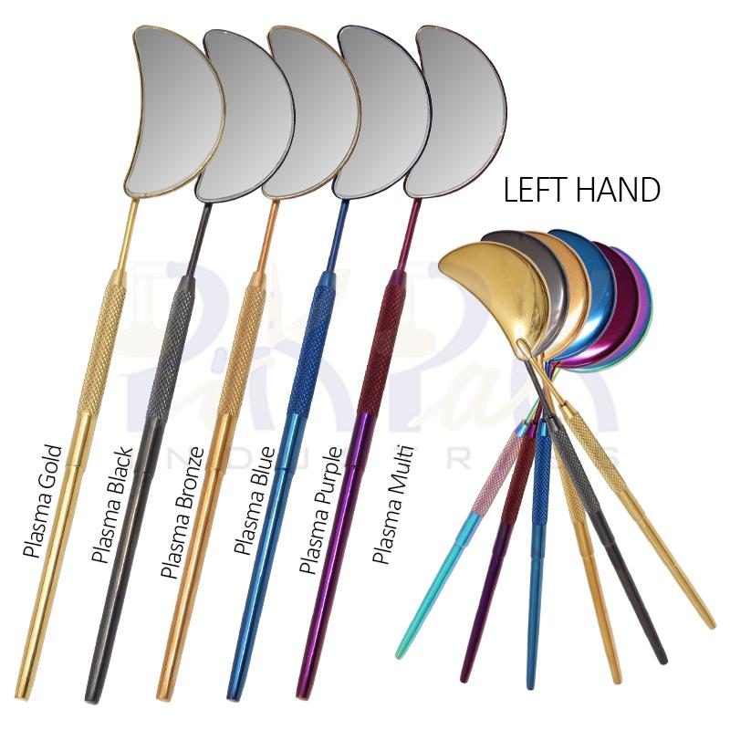 Eyelash Extension/Inspection Left Hand Small Mirror (Half Moon)
Set of 6 Pcs Gold, Black, Bronze, Blue, Purple, 
Multi Plasma Color Coated